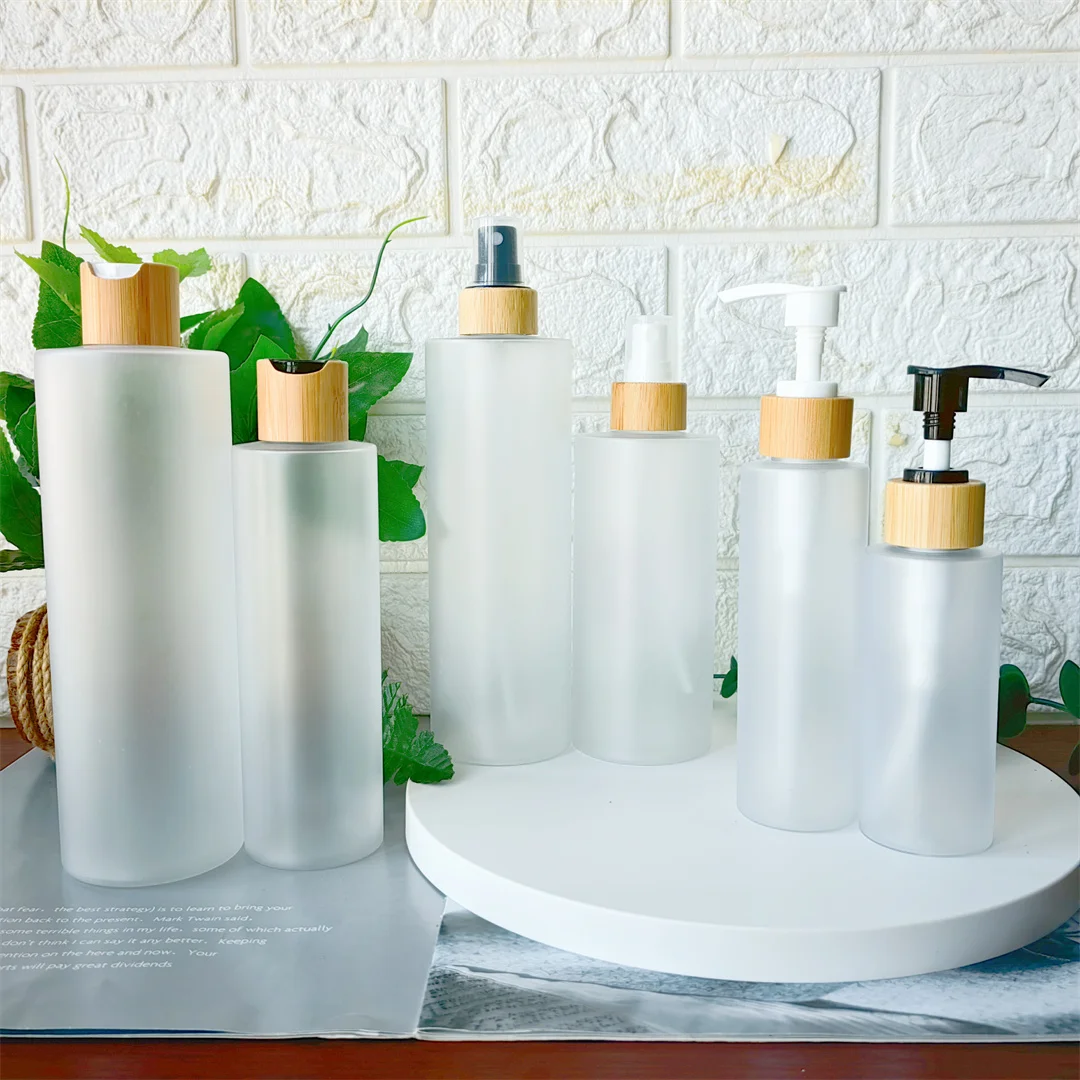 5 pces 100-500ml vazio fosco perfume spray dispensador de sabão pet bomba de plástico recarregável loção toner garrafa de viagem com tampa de bambu