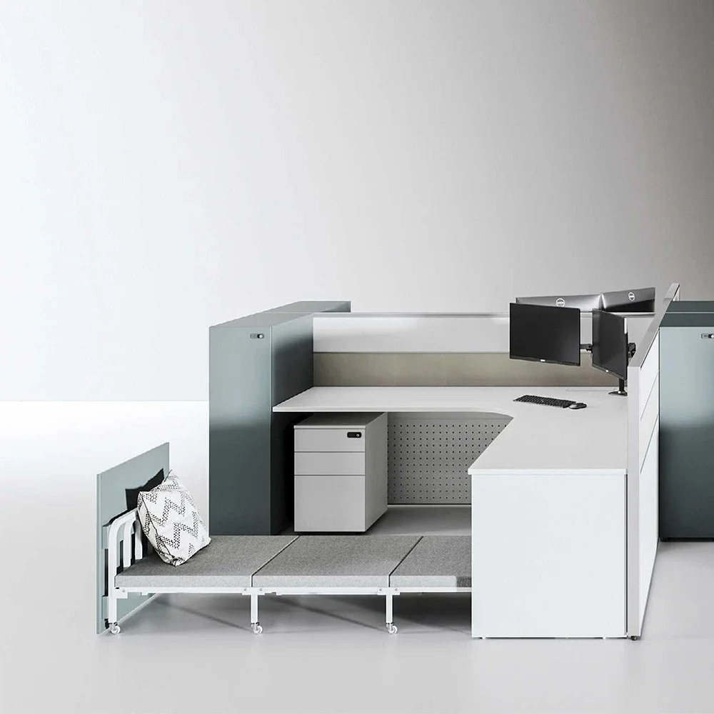 2026 Modern White Office Desk with Cabinet and Folding Bed Contemporary Workstation with Clear Partition Cubicles