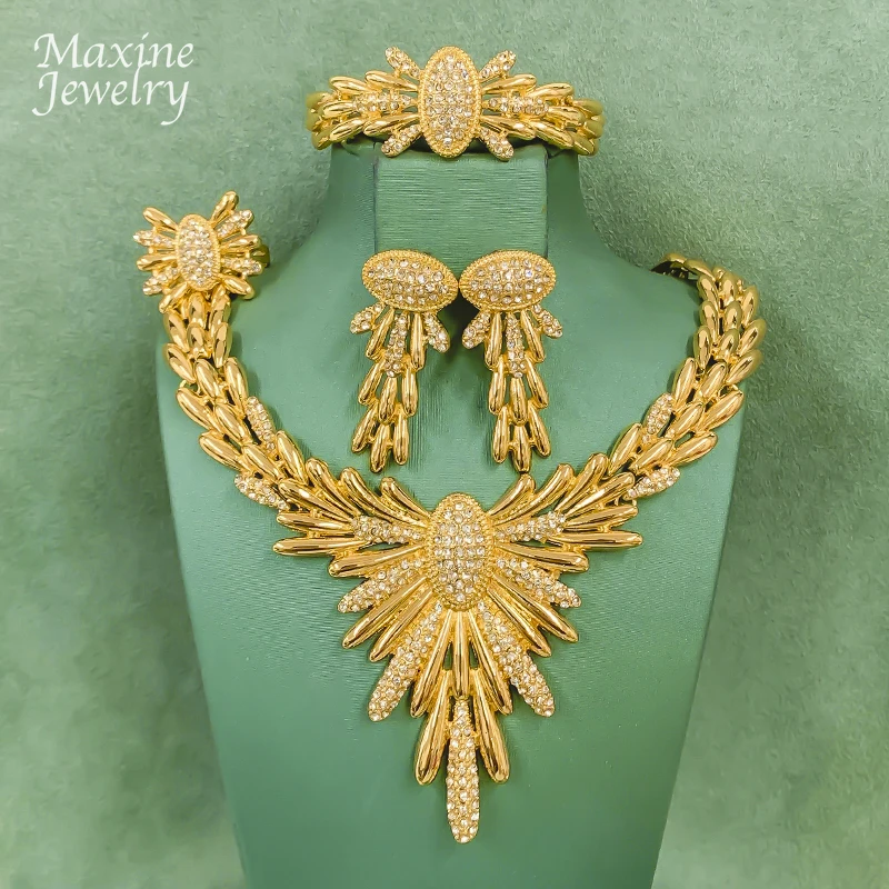 

Rhinestone Shiny Bling Necklace Drop Earring Bracelet Ring Luxury Dubai 18K Gold Plated Jewelry Set Bridal Wedding Party Gifts