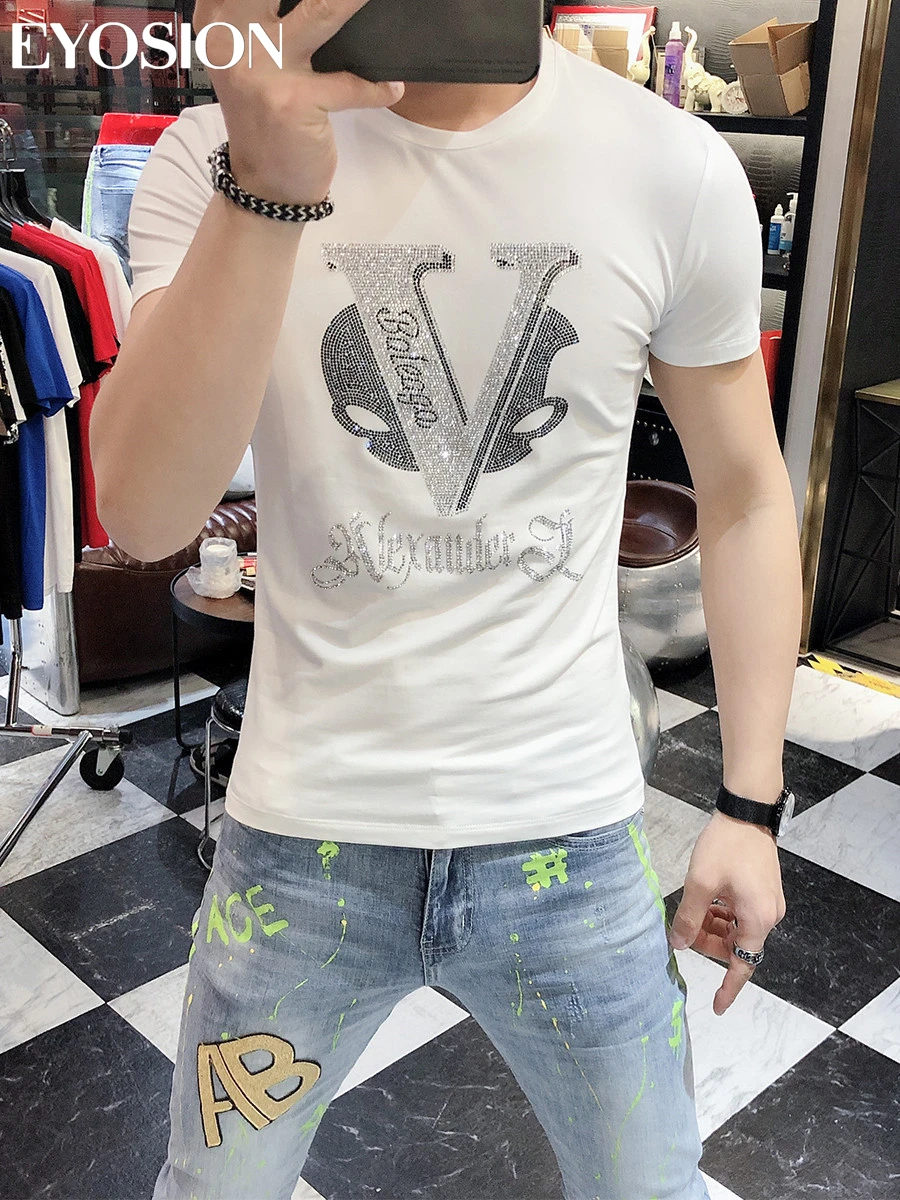 Summer Mens Luxury Diamond T-Shirts Designer Rhinestone Short Sleeve Slim Crew Neck Casual Shirts Tee Combed Cotton, S-5XL