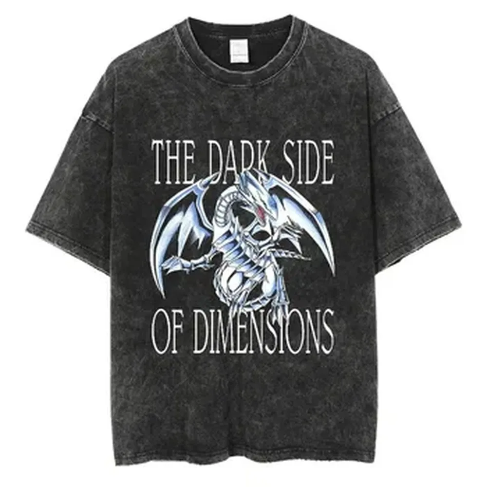 Anime Yu Gi Oh Graphic T-shirt Vintage Washed Oversized Streetwear Short Sleeve Tees Men Women Clothing Manga Blue-Eyes Tshirt