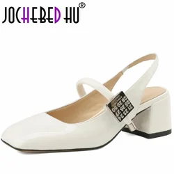 【JOCHEBED hu】 damskie markowe buty z prawdziwej skóry kwadratowe noski masywne lakierowane buty modne szpilki 33-43