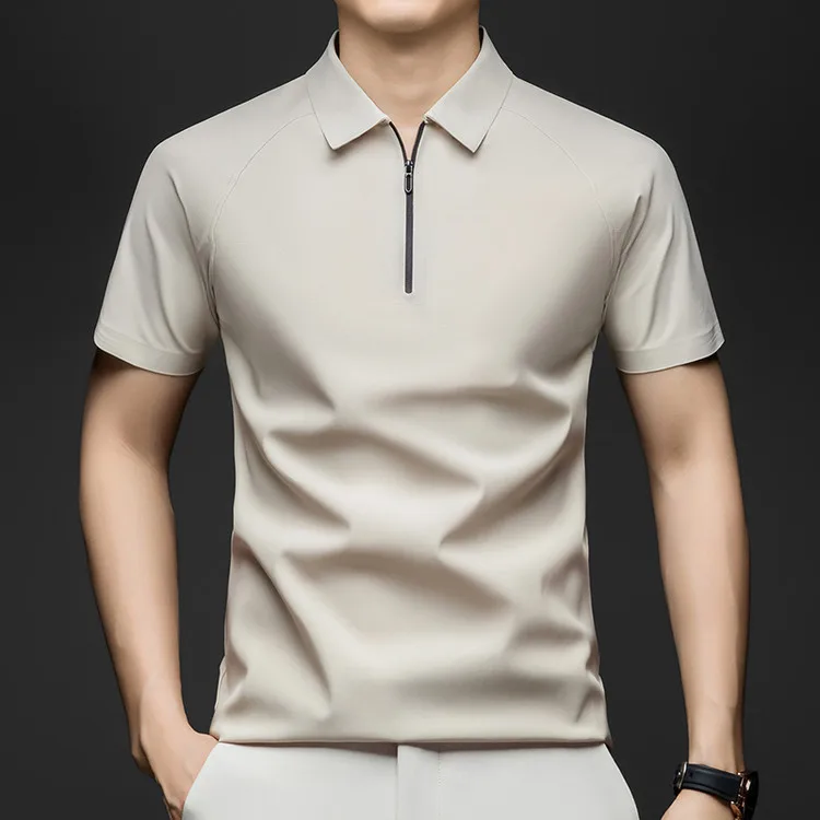 Summer polo shirt Seamless lapel half-zip short-sleeved men's middle-aged solid color casual breathable Pullover T-shirt Tops