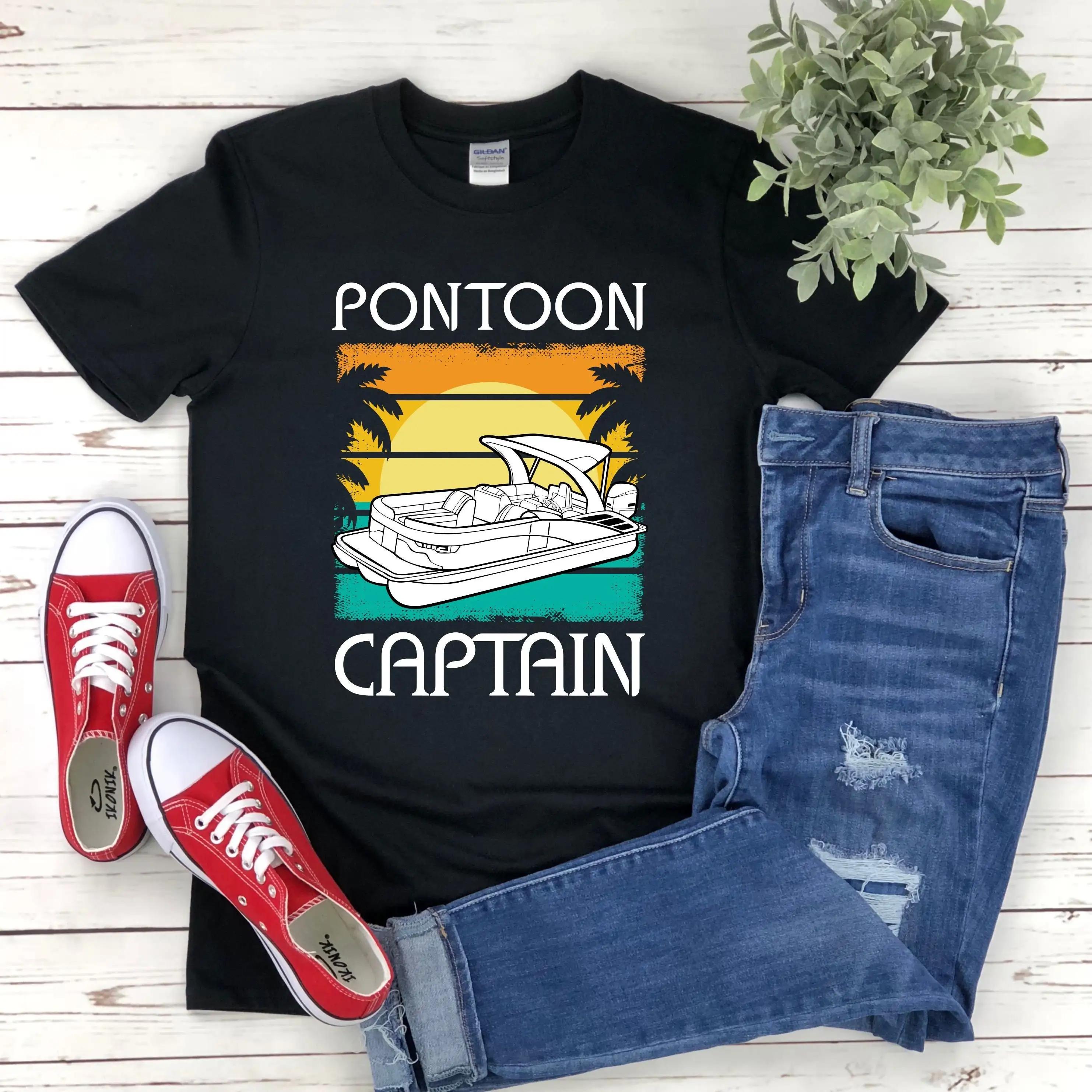 Pontoon Captoon T Shirt Sailboat Captain Boating Pontooning Definition Motorboating Retro Vintage Sea Beach Sunset