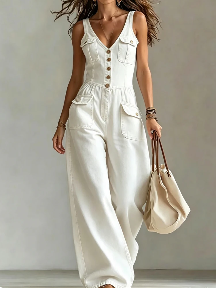 Retro Solid V Neck Camisole Playsuit Summer Streetwear High Waist Denim Jumpsuit Fashion Sleeveless Button Wide Leg Pants Romper