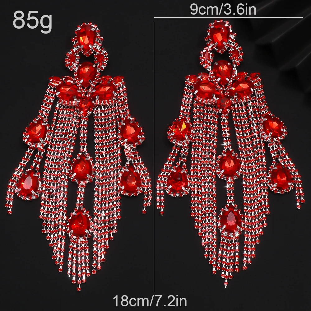 Long Tassel Red Rhinestone Earrings Women Exaggerate Decoration Fashion Water Drop Large Crystal Dangle Earrings Queen Jewelry