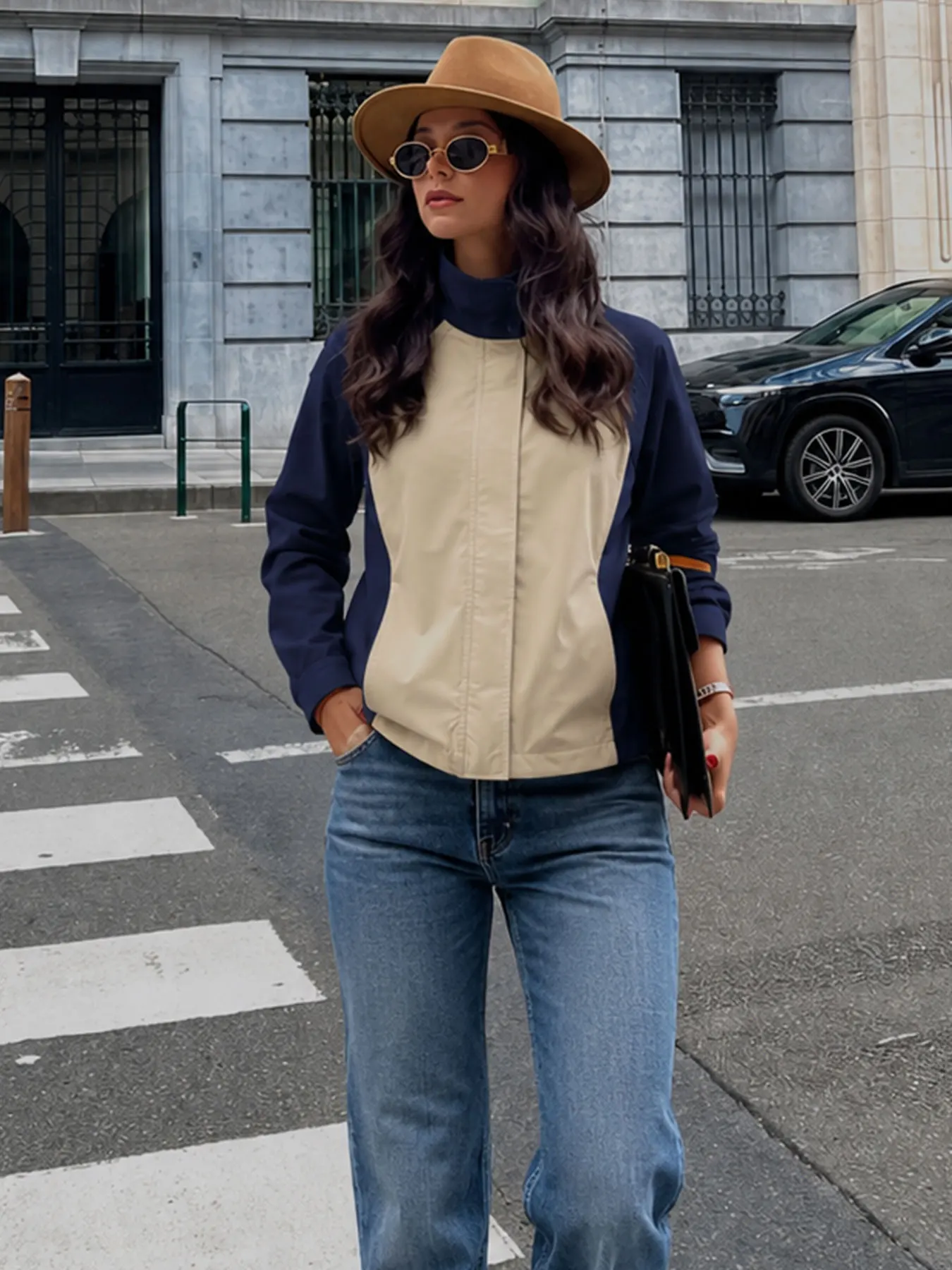 HH Women Elegant Fashion Patchwork Coat High Neck Long Sleeve Zipper Jacket Spring Autumn Woman Vintage Casual Outwear Chic Tops