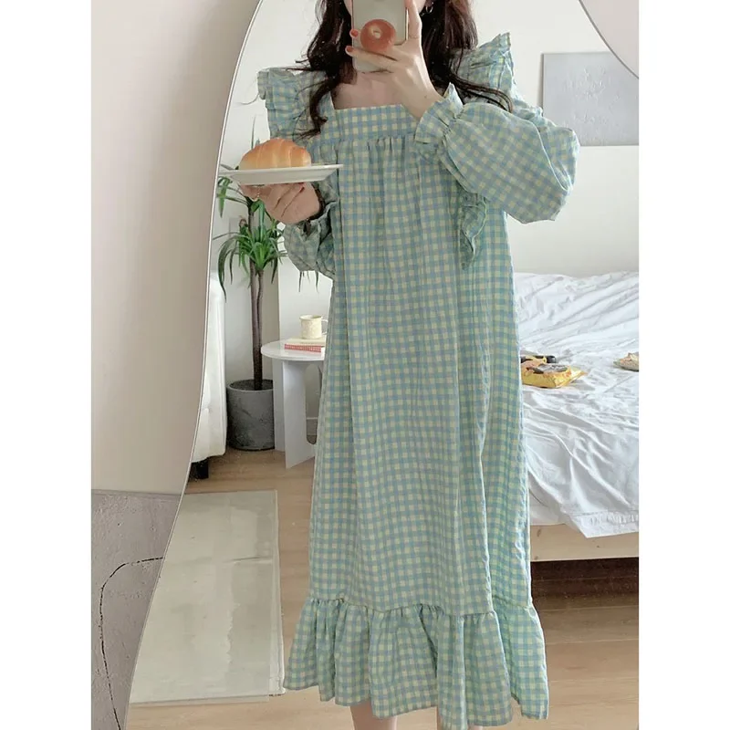 Plaid Sleepwear Women Nightgown Korean Ruffle Nightwear Autumn Night Dress Long Sleeve One Piece Pajamas Square Collar Home Wear