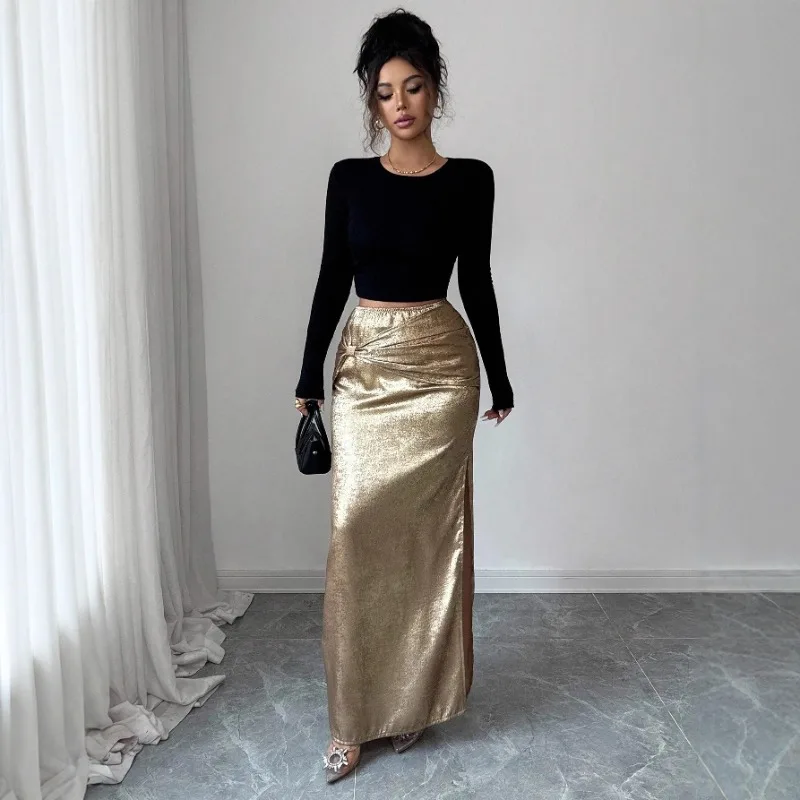 Autumn and Winter New Style Metallic Decorative Pleated Hip-hugging Slit Skirt