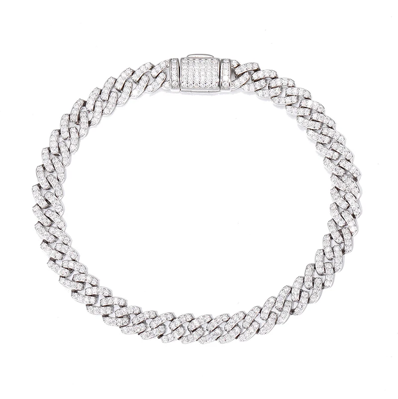 Hip Hop Moissanite Paved Bling Ice Out S925 Sterling Silver 6mm wide Rhombus Cuban Link Chain Bracelets Women Men Rapper Jewelry