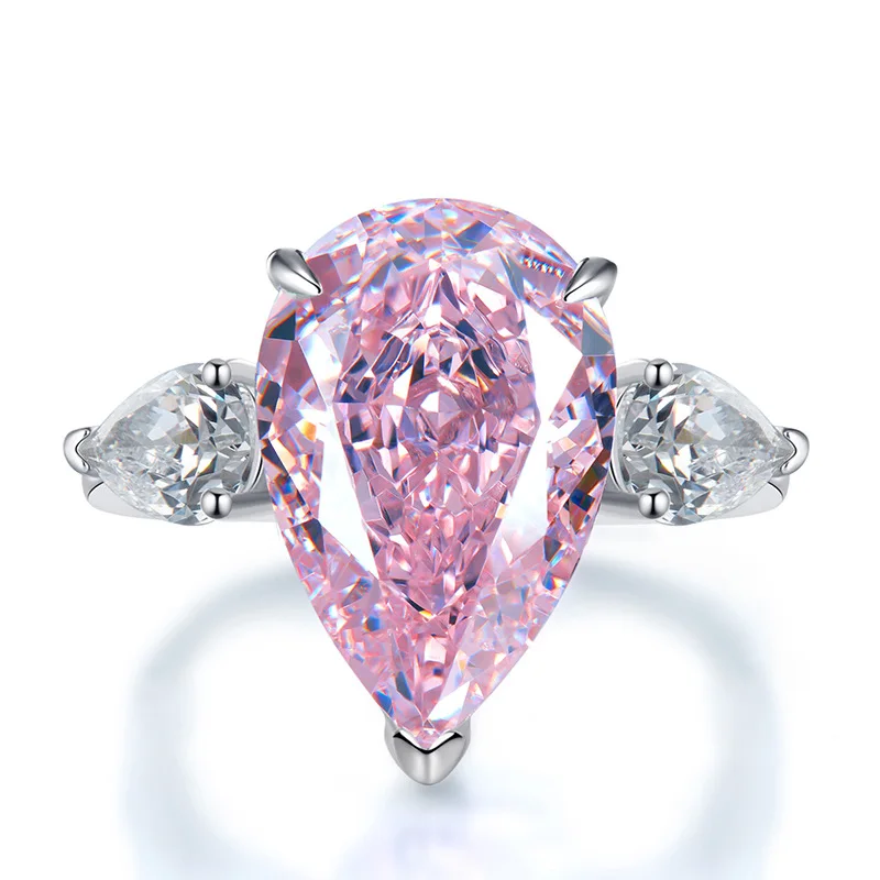 925 sterling silver European and American classic three stone water droplet ring inlaid with imported high carbon diamond