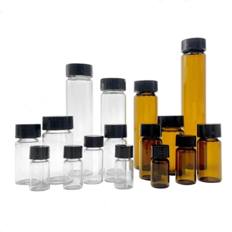 30 sztuk/partia 3ml do 50ml przezroczysta/brązowa butelka na próbki ze szkła lecznicznego o niskiej zawartości borokrzemianu z zakrętką i szczelną podkładką wewnętrzną PE
