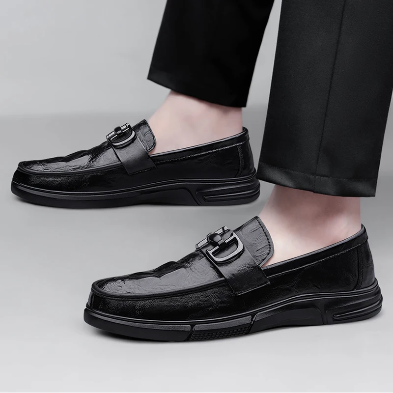 

Высококачественные мужские удобные лоферы из натуральной кожи с толстой подошвой, круглым носком, модные классические черные дышащие повседневные кожаные туфли
