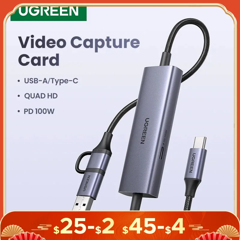 UGREEN Video Capture Card 4K HDMI to USB/USB-C Mobile Game Live broadcast Capture Card for PC Camera Live Stream Record Meeting