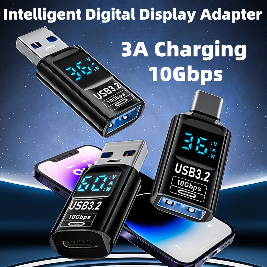 

USB 3.2 10Gbps OTG 36W 3A QC Charging Adapter with Digital Display USB A Male to C PD 60W Charger Voltage Current Power Meters