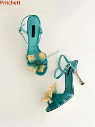 Butterfly Thin Heels Sandal Round Toe Crystal Buckle Strap Slingback Ankle Band 10Cm Stiletto Shoes Summer Lovely Party Shoes