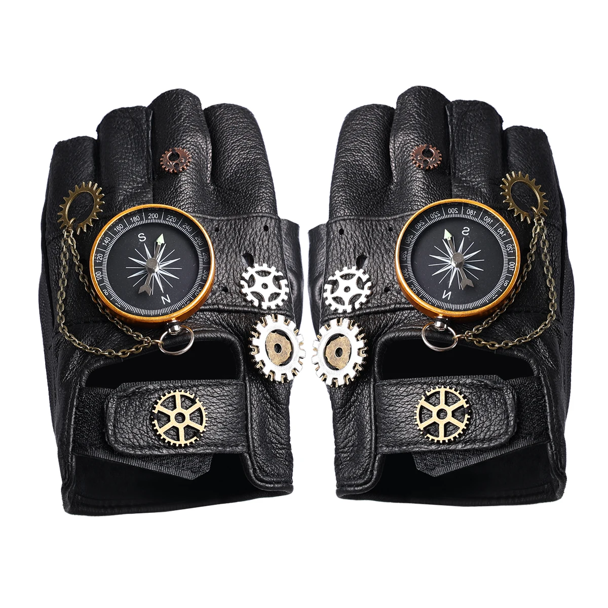 Steampunk PU Leather Fingerless Compass Gloves Men Women Fashion Hip Hop Punk Gloves Half Finger Gloves