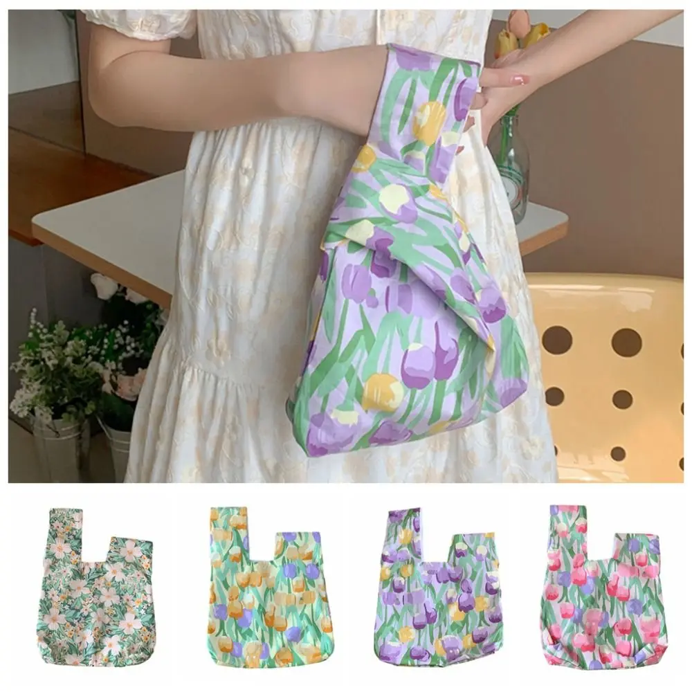 Floral Print Flower Knot Wrist Bag Small Item Pouch Large Capacity Small Tulip Tote Bag Korean Style Mommy Bag