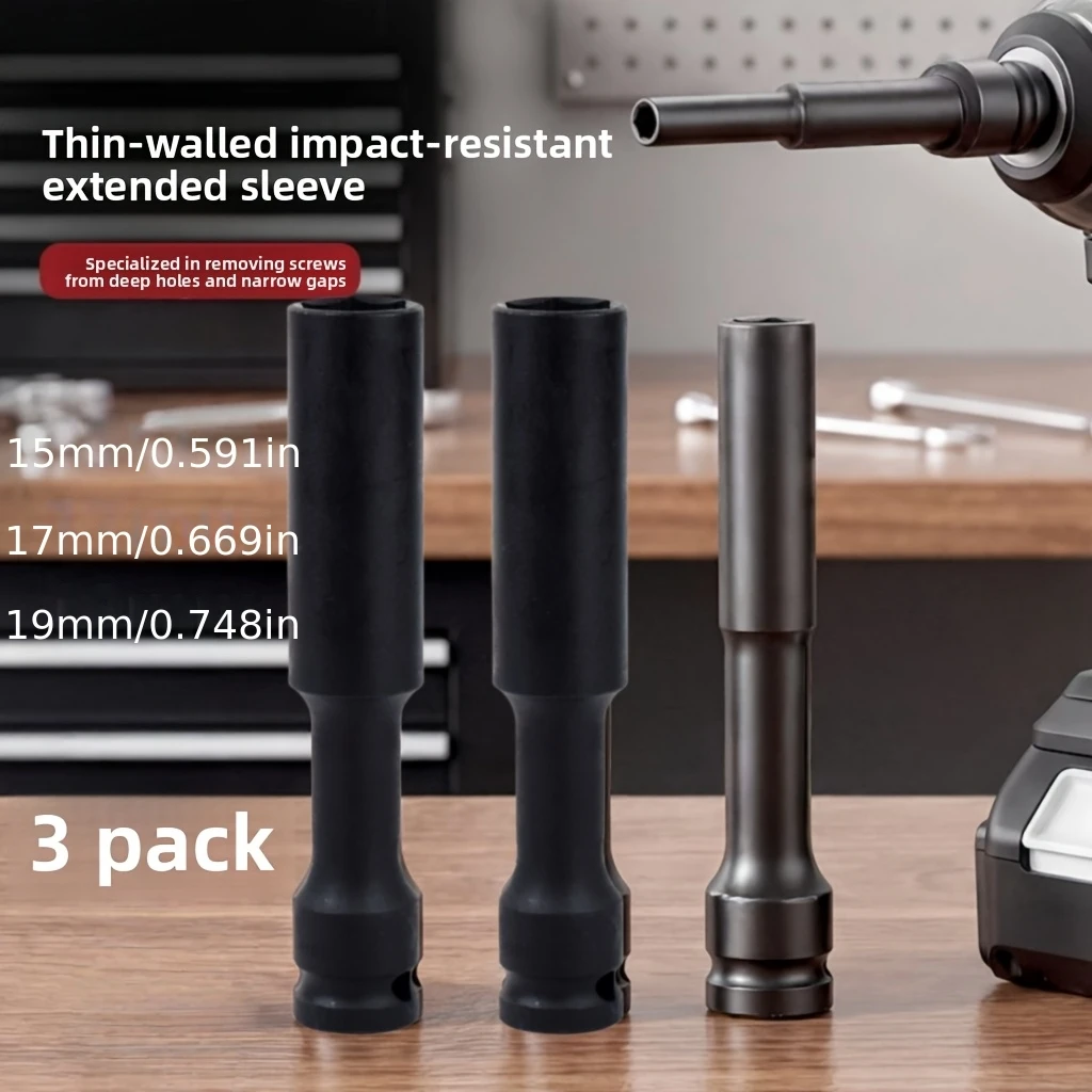 1/3pcs 1/2 inch extended thin-walled impact socket set, including 15mm, 17mm, 19mm deep hole sockets  pneumatic wrench sockets - view 5
