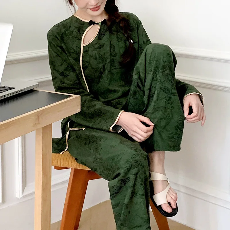 Summer Spring New Pajamas Set Women Elegant Chinese Style Home Clothes Long Sleeve Sleepwear Cotton Nightwear Lady Loungewear 2