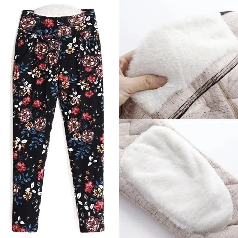 Middle-aged Elderly Women Cotton Trousers New Printed Winter Camel Hair Warm Cotton Pants Casual Stretch Mom Pants Leggings 5XL