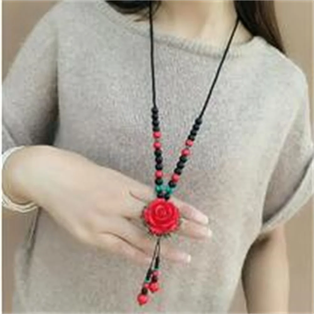 National wind flower sweater chain paint carved roses necklace red cinnabar hanging long tassels