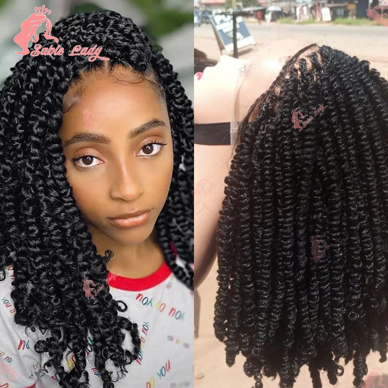 Peruca curta primavera torção tranças sintéticas cheia do laço trançado perucas para preto feminino curto paixão torção cabelo 12 "bob trançado perucas