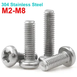 50/10 Uds tornillos de cabeza redonda cruzada M2 M2.5 M3 M3.5 M4 M5 M6 M8 A2-70 304 tornillo de cabeza redonda Phillips de acero inoxidable Dia2-8