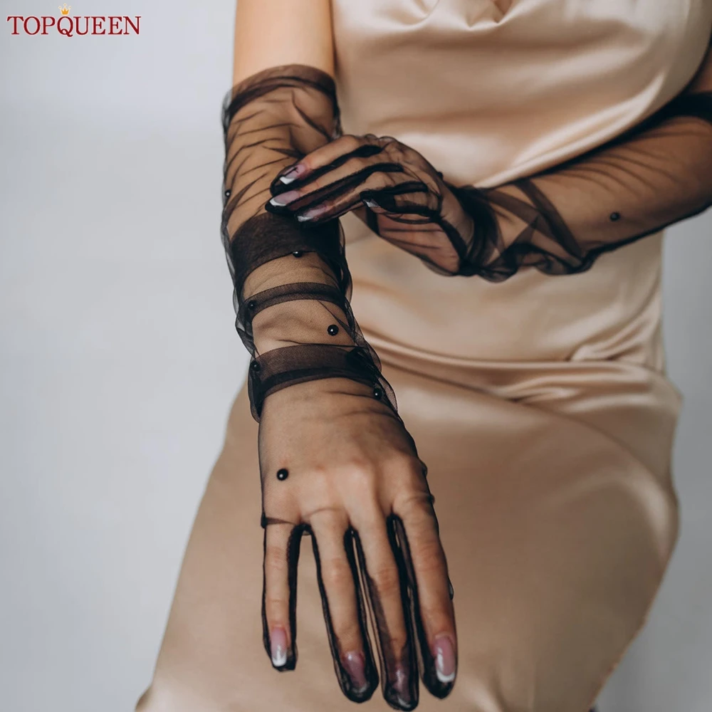 

TOPQUEEN Wedding Accessories Removable Bride Sleeves Wedding Bridal Gloves Elbow Length Ladies DIY Gloves Black Pearls vm24