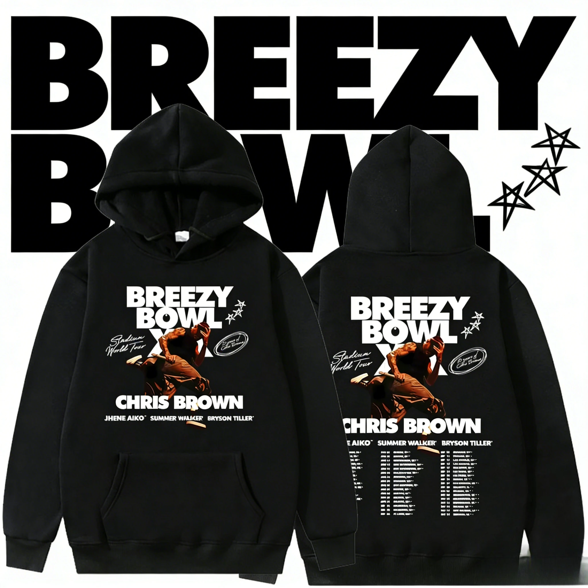 مغني الراب كريس براون بريزي باول XX جولة هوديس للرجال والنساء 2025-26 الخريف/الشتاء القطن الخالص 100% أغطية رأس مطبوعة