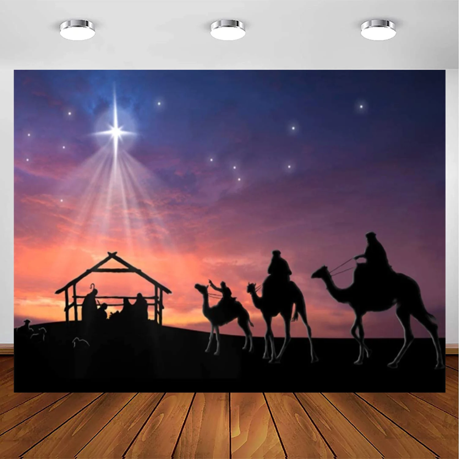 

Stable Nativity Scene Photography Backdrop Shiny Star Birth of Christ Jesus Camels Sheeps Sketch Manger Scene Background Decor