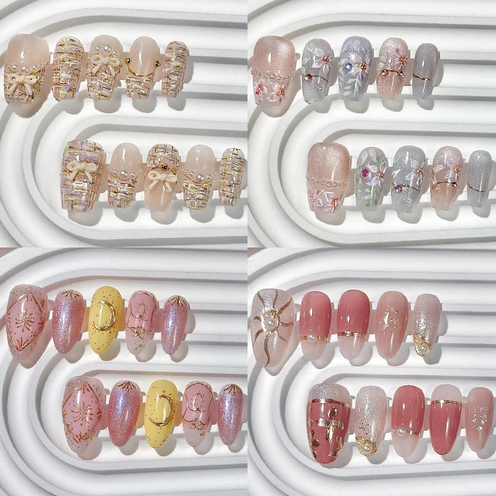 귀여운 패션 반짝 이는 고양이 눈 수제 분리형 가짜 손톱 아크릴 손톱에 고품질 손으로 그린 ​​꽃 진주 프레스