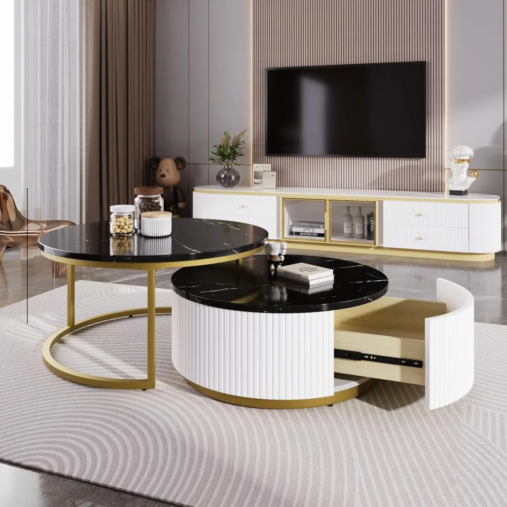 

27.6 Modern Round Nesting Coffee Table Fluted With Drawer For Home Living Room, Black & Gold