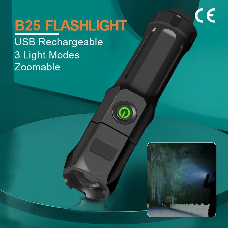 

HNDGTYR Сверхмощный фонарик B25, перезаряжаемый USB светодиодный фонарик с функцией масштабирования, аккумулятор 18650, самооборона на открытом воздухе