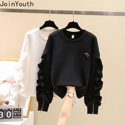 Joinyouth Clothes for Teens Korean Fashion Sweatshirts Women O-neck Ruffles Zipper Pullovers Tops Loose Casual Sweet Hoodies