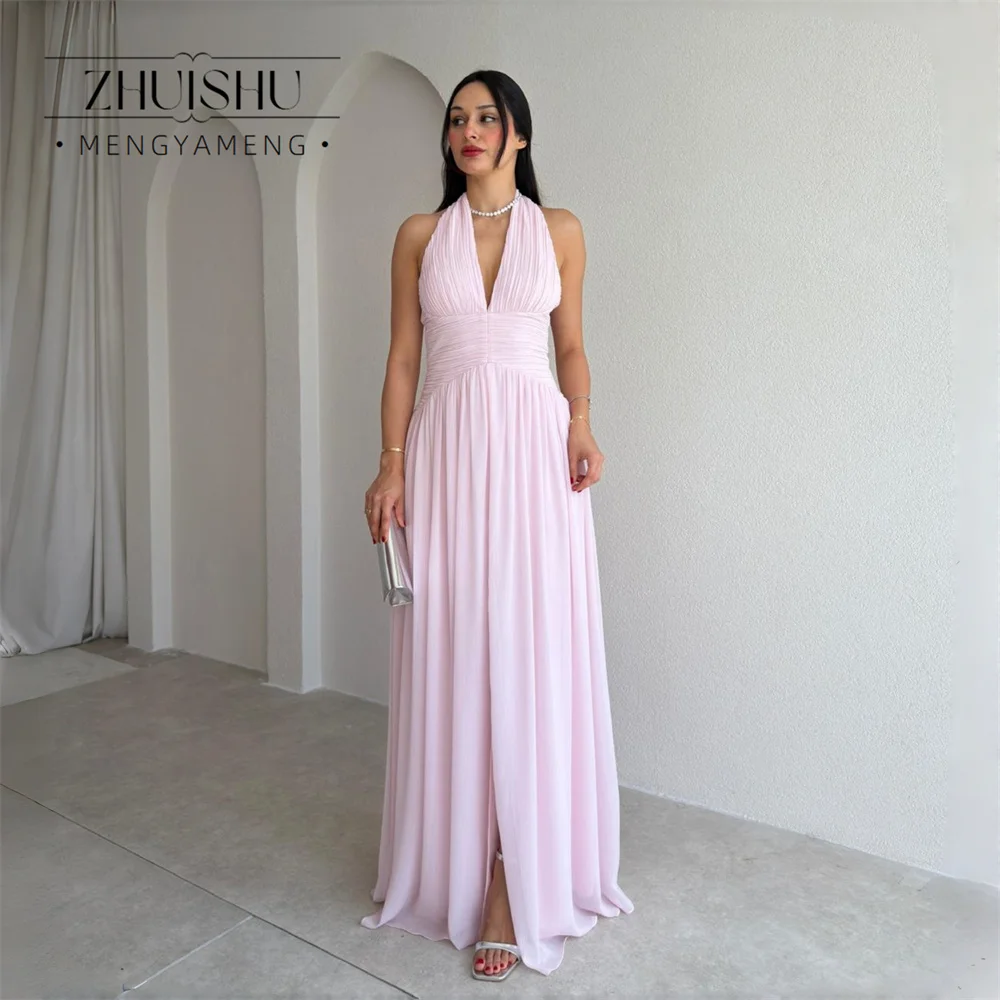 ZHUISHU Pink Chiffon Long Evening Gowns Customized Pleats Haletr Prom Dress Women's Formal Special Occasion Birthday Party Gowns