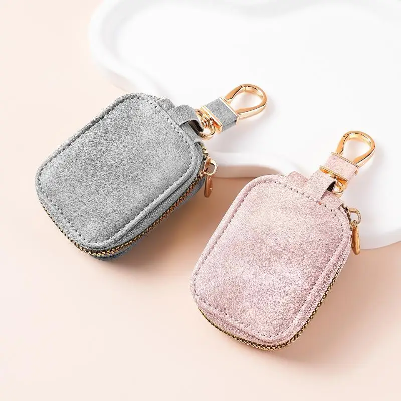Soft Suede Car Key Protective Case with Smooth Zipper Sturdy Metal Carabiner Mini Pouch for Keys Wireless Earbuds Daily Use