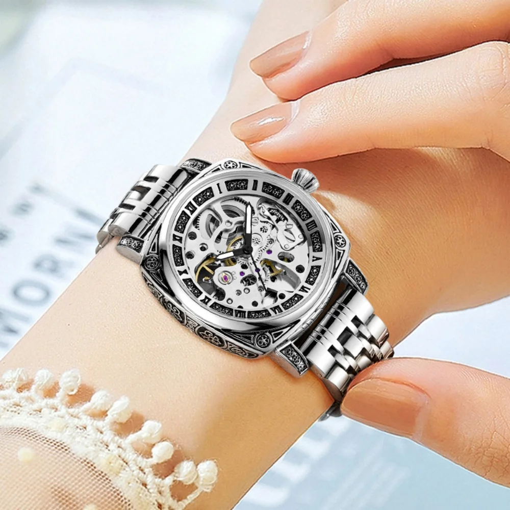 

High-End Luxury Women's Mechanical Watch, Vintage Carved Design Women's Watch, Skeleton Automatic Mechanical Watch for Women, Luminous Waterproof High-End Elegant Women's Watch, Stylish and Beautiful for Students, Ins-Style Niche Fashion, Business and Sim