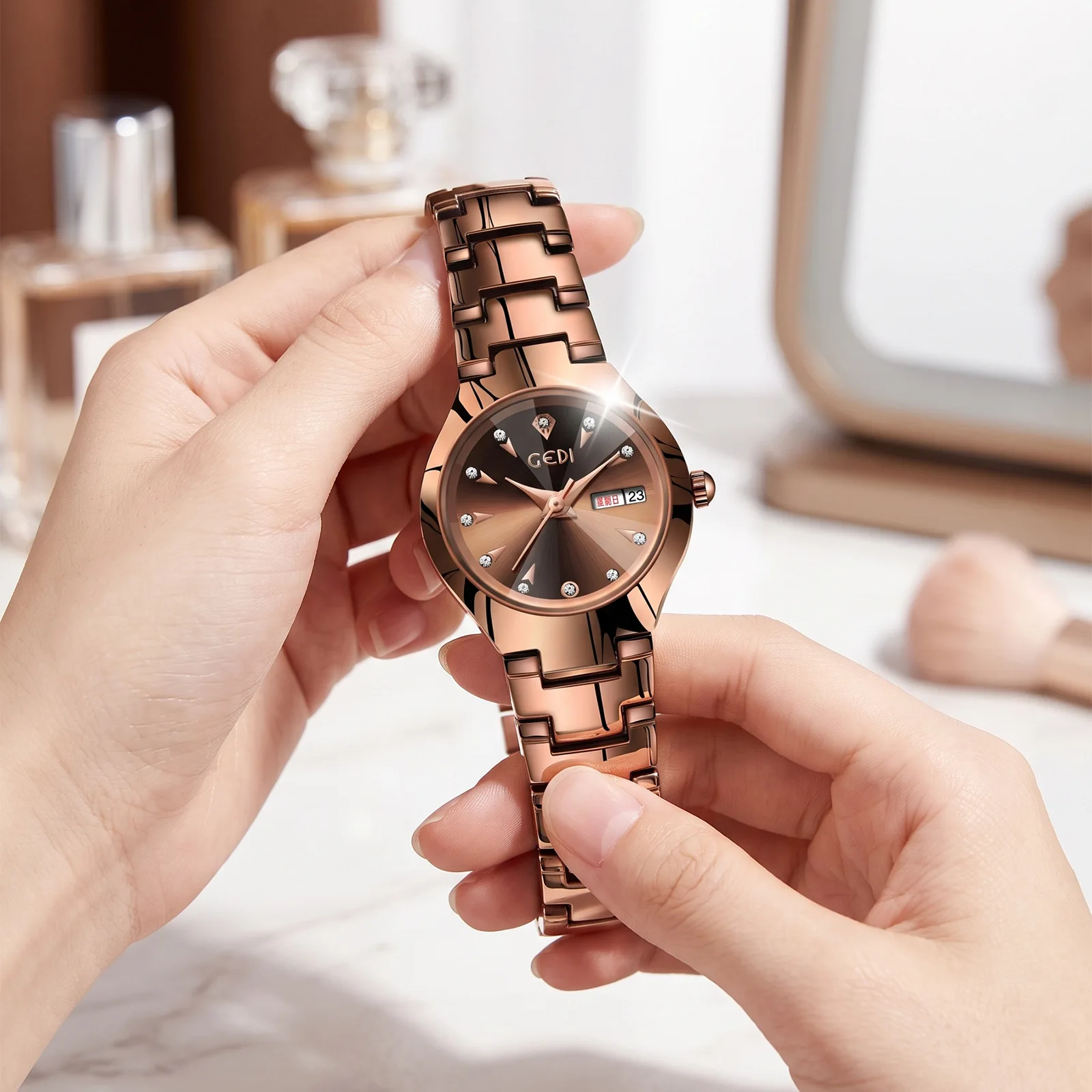 Brand Luxury Business Exquisite Women Watches Gift Double Window Calendar Steel Belt Waterproof Temperament Quartz Wristwatches