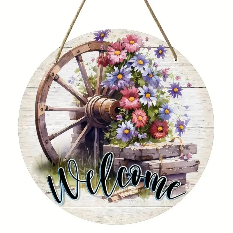 Watercolor Wooden Wheel Daisy Floral Acrylic Front Door Wall Ornament,Vintage Wagon Wheel Wildflower Welcome Round Acrylic Hanging Sign Farmhouse Decor