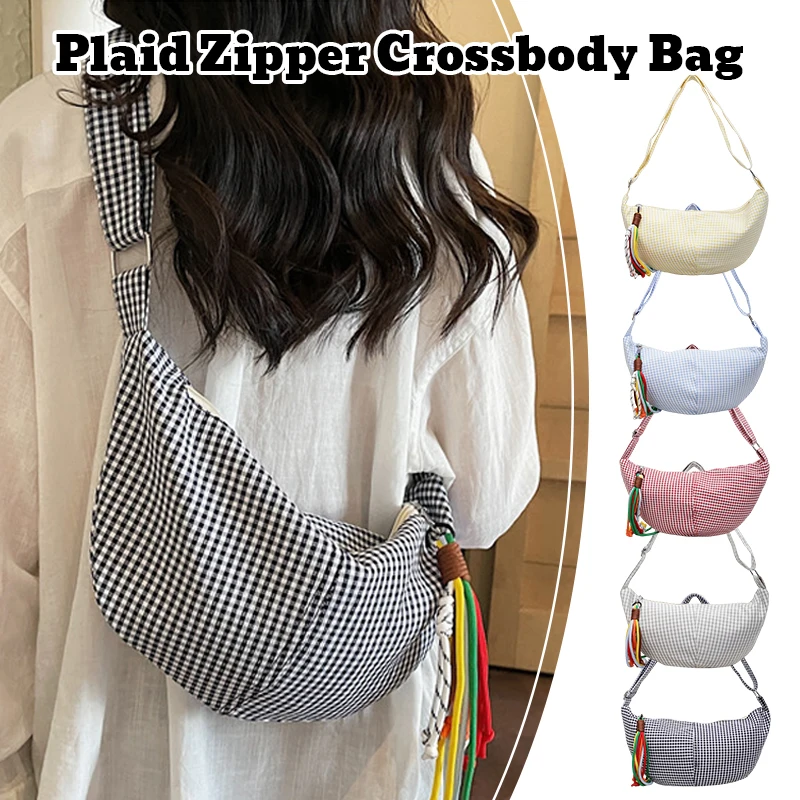 

New Women Plaid Crossbody Bag Soft Microfiber Hobo Shoulder Bag Large Capacity Zipper Casual Daily Commute Tote