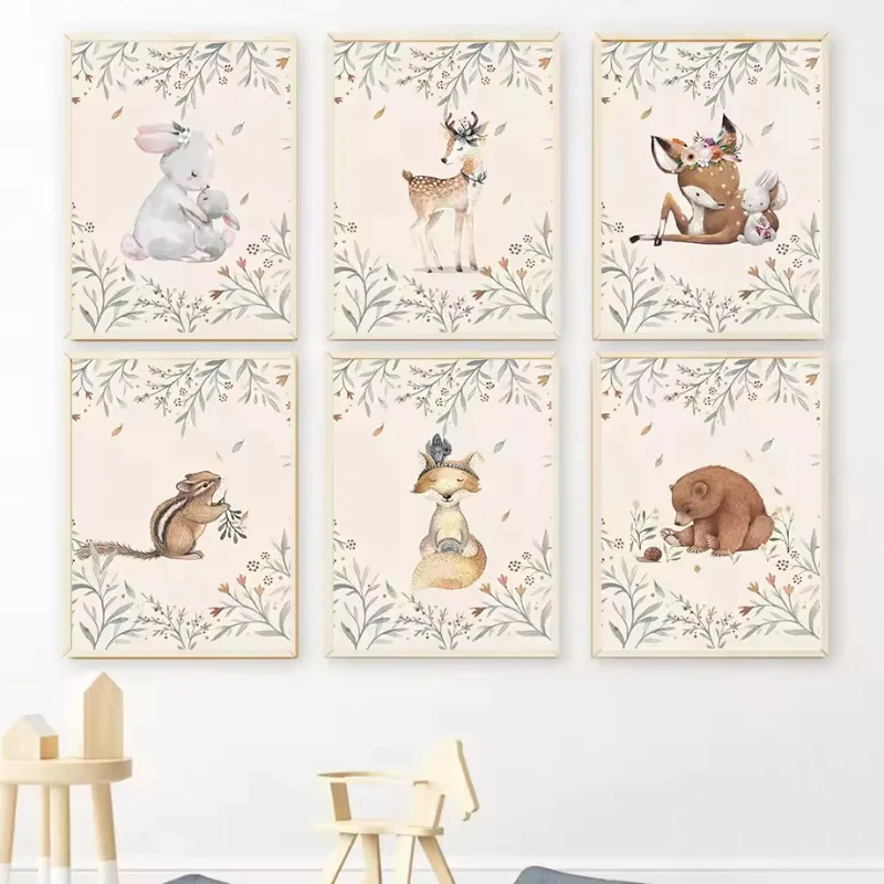 

Deer Rabbit Fox Squirrel Bear Animals Nursery Canvas Painting Nordic Wall Art Posters and Prints Wall Pictures Kids Room Decor