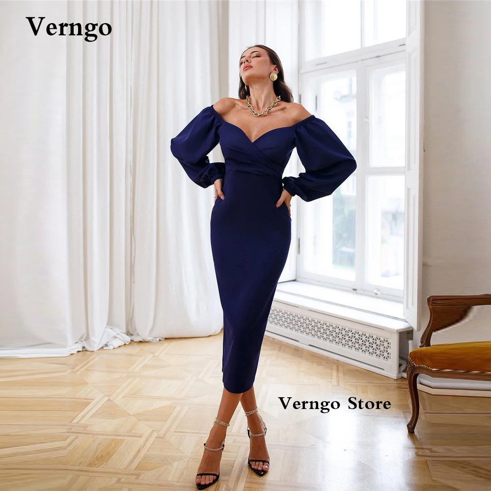 

Verngo Simple Off the Shoulder Women Evening Party Dresses Puff Long Sleeves Matte Satin Midi Length Simple Formal Prom Gown