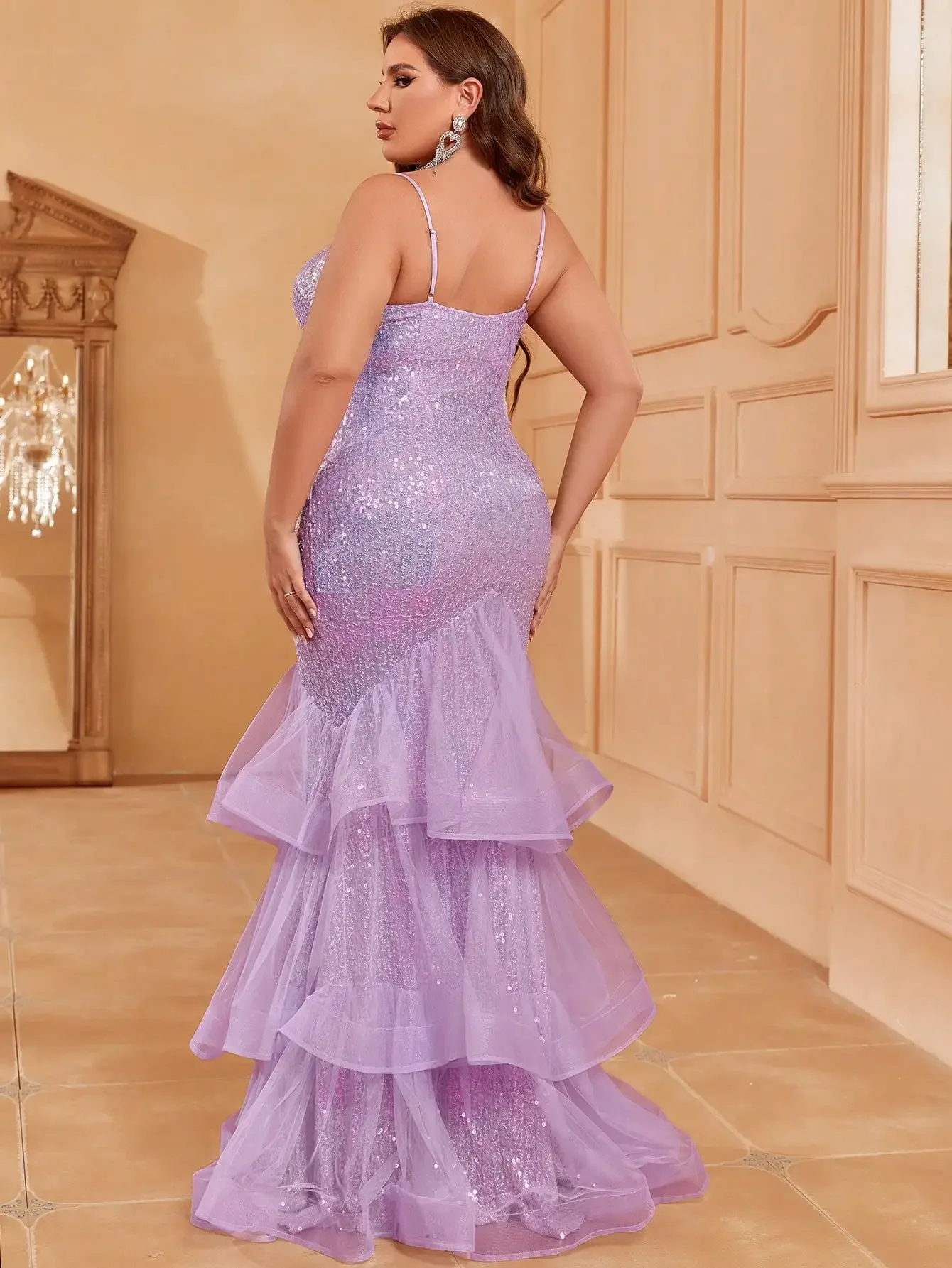 Plus Size Spaghetti Strap Back Cut Out Sequin Layered Mermaid Dress