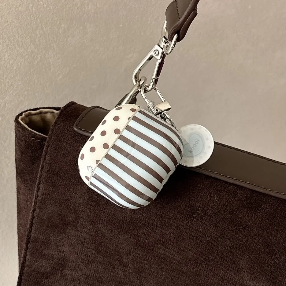 Blau und braun gestreifte Polka Dot + runde hängende Kopfhörerhülle, geeignet für Apple für Airpods Pro3 Hülle/Für Airpods4 Hülle/Für Airpods3 Hülle/Für Airpods2 Hülle Modische Damen Kopfhörerhülle