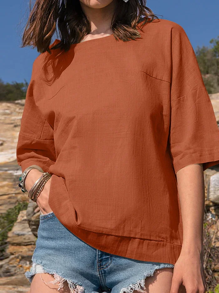 

Women's clothing trend 2025 summer tops Loose Fit Mid Sleeve Solid Color Pocket Breathable Comfy T shirt Daily Wear