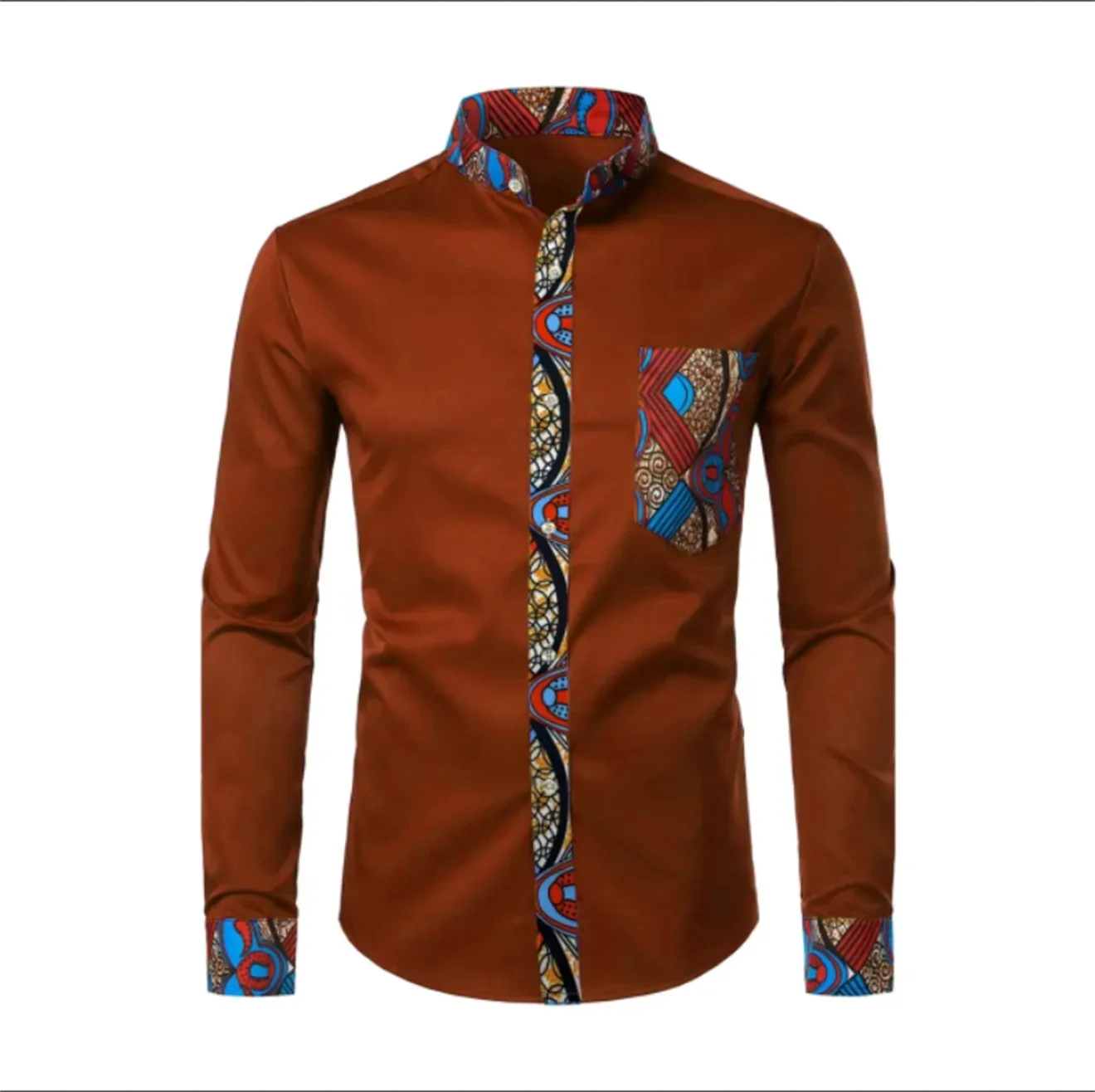 2025 Dashiki 아프리카 남성 셔츠 패치 워크 포켓 Africaine 프린트 셔츠 남성 앙카라 스타일 긴 소매 디자인 칼라 Mens Dress Shir