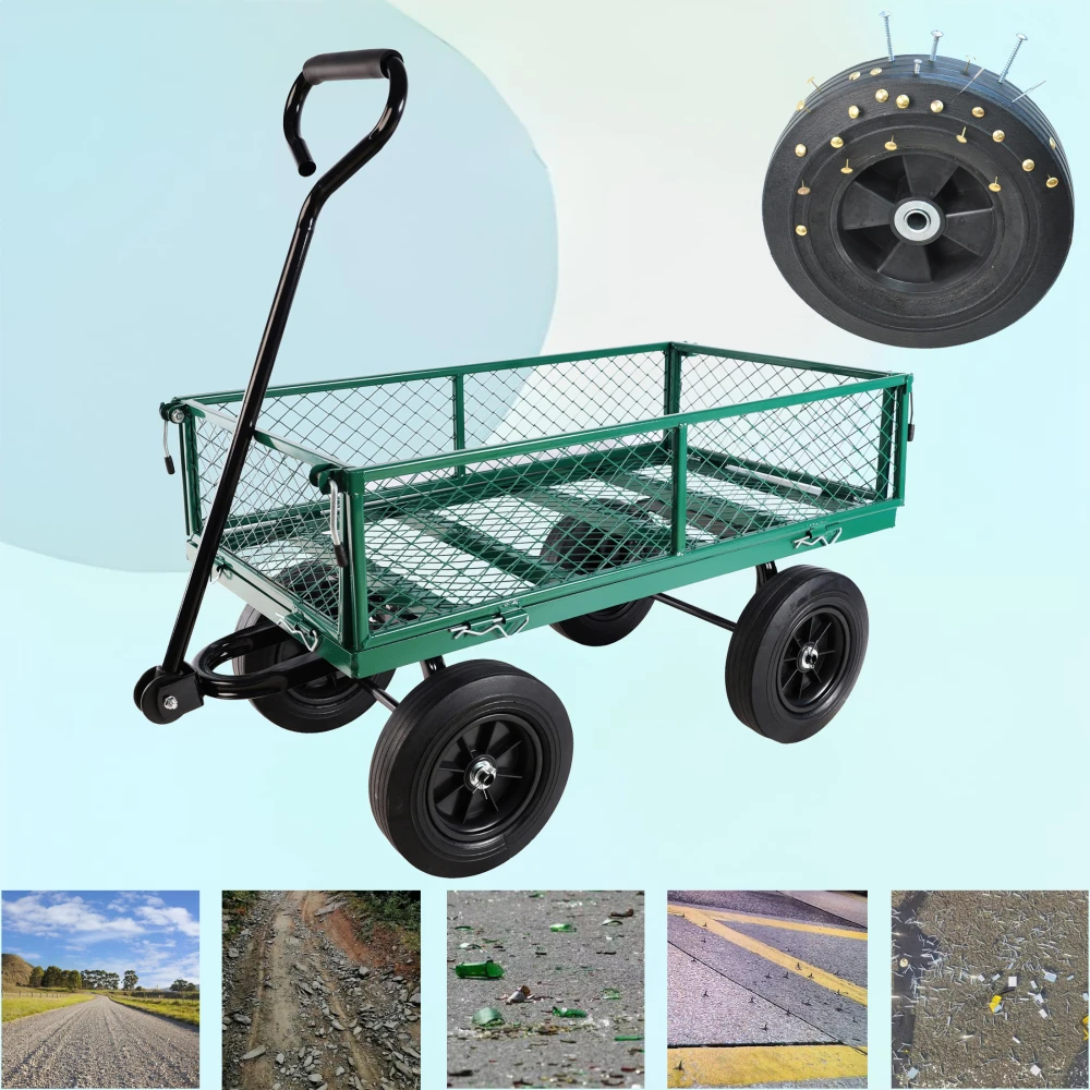 (Green solid wheels wagon cart) Solid wheels Tools cart Wagon Cart Garden cart trucks  make it easier to transport firewood