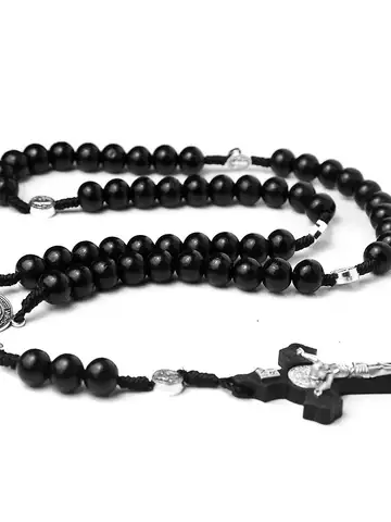 Black Handmade Wood Beads Rosary Necklace For Women Men Christian Cross Virgin Mary Crucifix Pendant Chain Religion Jewelry