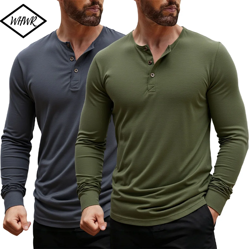 Men's Long Sleeved Henley Neck T-shirt Slim Fit Bottoming Shirt Fitness Tops Tees Button Neck Solid Color Casual Cozy Tshirt